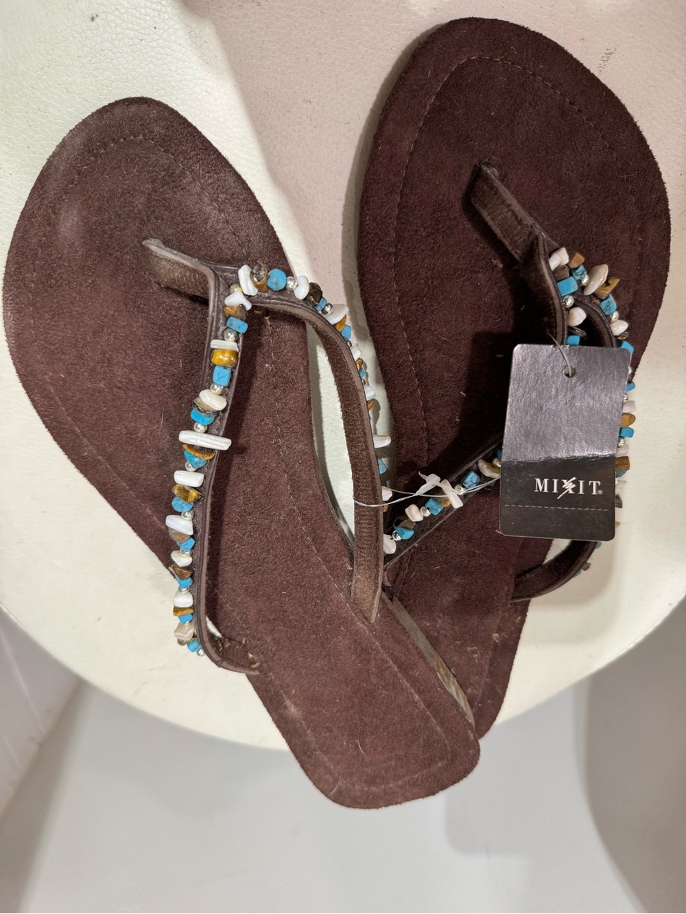Mixit Brown Suede Beaded Thong Sandals with Blue & White Accents